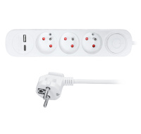 Solight 3z prodlužovací přívod s USB A+C nabíječkou 2.4A, 2m, 3 x 1mm2, bílý, vypínač