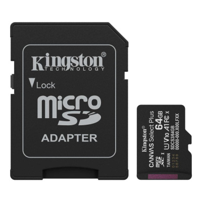 Kingston MicroSDXC karta 64GB Canvas Select Plus, U1, V10, A1, SD Adaptér