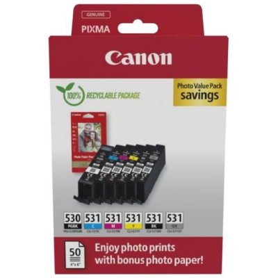 Canon Cartridge PGI-530/CLI-531 PGBK/C/M/Y/BK/GY + Canon PAPÍR GP-501 4X6 50