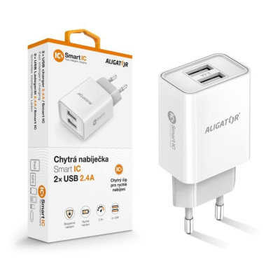 Aligator síťová nabíječka, 2x USB, smart IC, 2,4 A, bílá