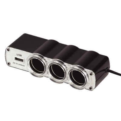 WG - Nabíječka do auta, rozbočovač, 3x zásuvka zapalovače 12V + 1x USB-A, s prodloužením