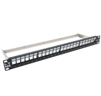 LYNX Patch panel, 19'', 24 portů, 1U, Cat5e/6/6A/7, neosazený, stíněný, vyvazovák, černý