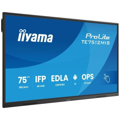 Iiyama ProLite TE7512MIS, 24/7, 190.5 cm (75''), PureTouch-IR, 4K, USB, USB-C, Ethernet, Wi-Fi, kit (USB), black