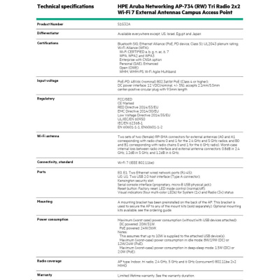 HPE Aruba Networking AP-734 (RW) Tri Radio 2x2 Wi-Fi 7 External Antennas Campus Access Point