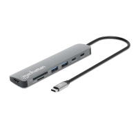 MANHATTAN Dokovací stanice USB-C 7v1, 1xHDMI, 2xUSB-C, 2xUSB, čtečka SD karet, šedá