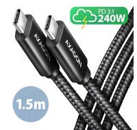 AXAGON BUCM2-CM15AB, CHARGE kabel USB-C <-> USB-C, 1.5m, Hi-Speed USB, PD 240W 5A, ALU, oplet, černý