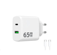 WG - Síťová nabíječka GaN 2x USB 65W, 1x USB-C PD 65W + 1x USB-A QC 3.0 18W, kabel Type-C na Type-C, bílá