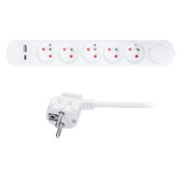 Solight prodlužovací přívod 5 zásuvek, USB A+C nabíječka 12W, 3m, 3 x 1mm2, bílý, vypínač