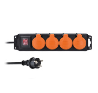 Solight prodlužovací přívod IP44, 4 zásuvky, gumový kabel, vypínač, venkovní, 10m