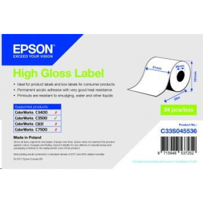 Epson High Gloss Labels, Continuous, Paper, 51mm x 33m